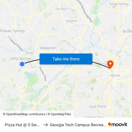 Pizza Hut @ S Sweetwater to Georgia Tech Campus Recreation Center map