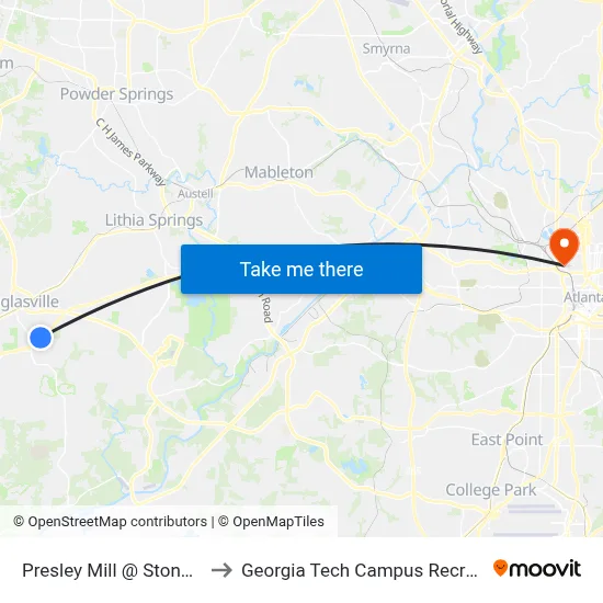 Presley Mill @ Stonebridge Ob to Georgia Tech Campus Recreation Center map