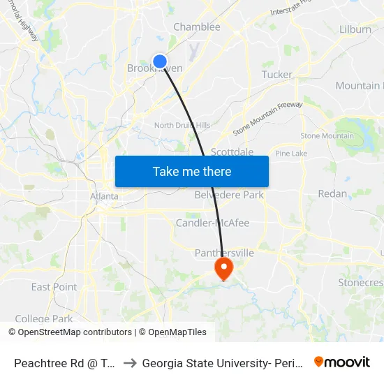 Peachtree Rd @ Town Blvd to Georgia State University- Perimeter College map