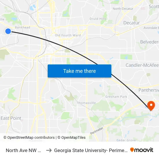 North Ave NW @ 1676 to Georgia State University- Perimeter College map