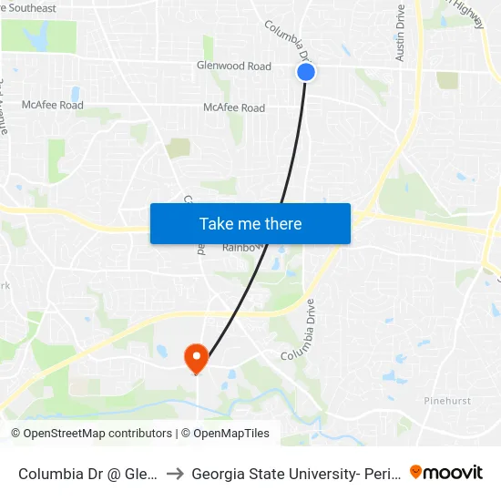 Columbia Dr @ Glenwood Rd to Georgia State University- Perimeter College map