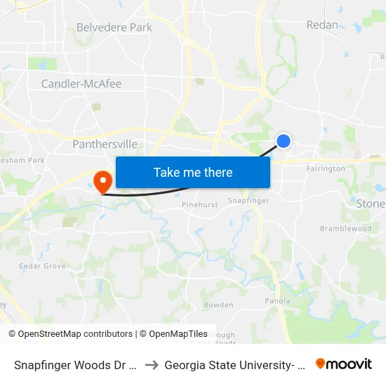 Snapfinger Woods Dr @ Lithonia Way to Georgia State University- Perimeter College map