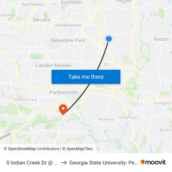 S Indian Creek Dr @ Seneca Way to Georgia State University- Perimeter College map