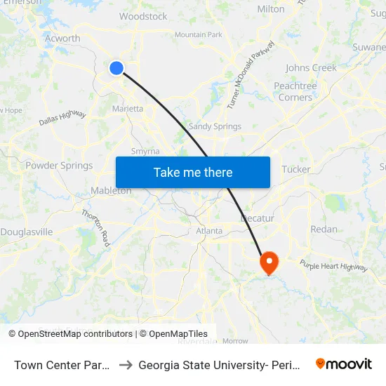 Town Center Park-N-Ride to Georgia State University- Perimeter College map