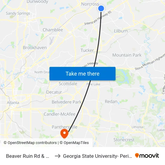 Beaver Ruin Rd & Wexford Dr to Georgia State University- Perimeter College map