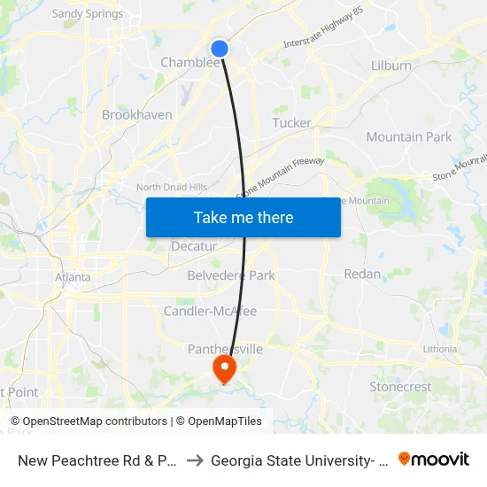 New Peachtree Rd & Pebblewood Apts to Georgia State University- Perimeter College map