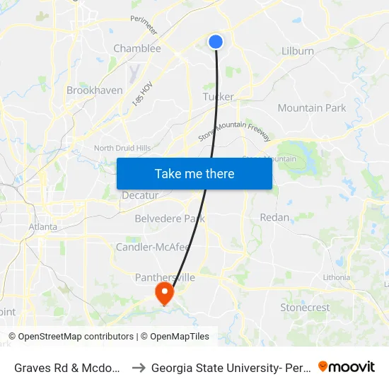 Graves Rd & Mcdonough Dr Ib to Georgia State University- Perimeter College map