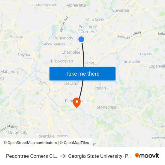 Peachtree Corners Cir& Springs Ln to Georgia State University- Perimeter College map