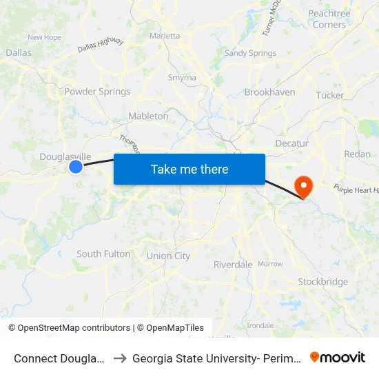 Connect Douglas Mmtc to Georgia State University- Perimeter College map