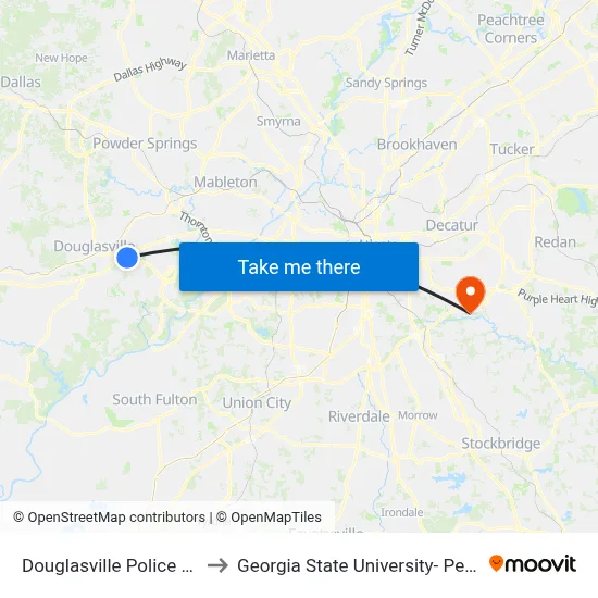 Douglasville Police Department to Georgia State University- Perimeter College map