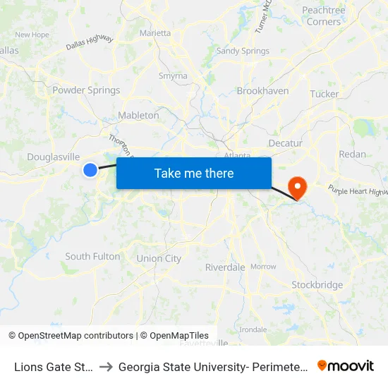 Lions Gate Studio to Georgia State University- Perimeter College map