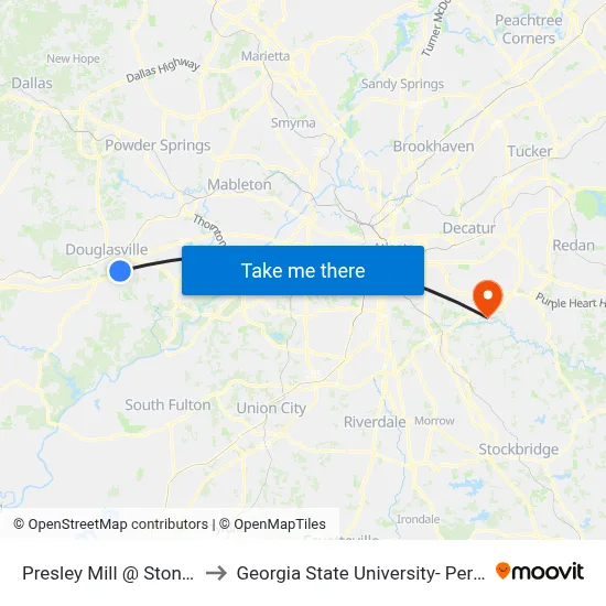 Presley Mill @ Stonebridge Ob to Georgia State University- Perimeter College map