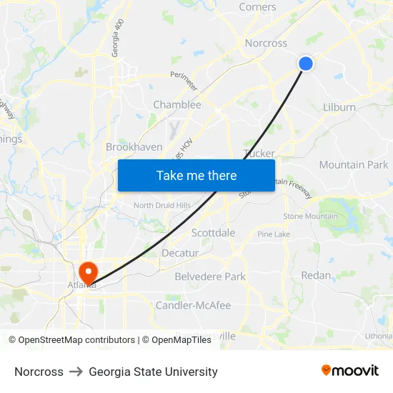 Norcross to Georgia State University map