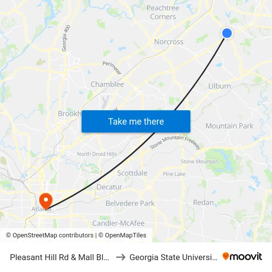 Pleasant Hill Rd & Mall Blvd to Georgia State University map