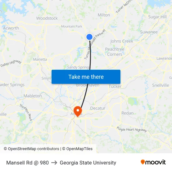 Mansell Rd @ 980 to Georgia State University map