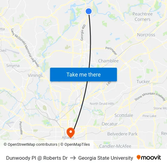 Dunwoody Pl @ Roberts Dr to Georgia State University map
