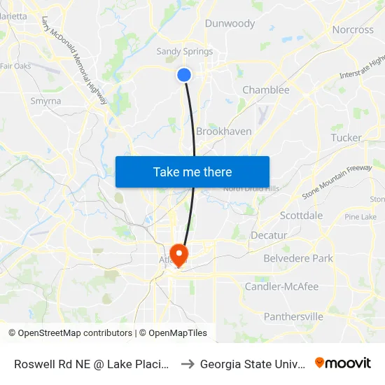 Roswell Rd NE @ Lake Placid Dr NE to Georgia State University map