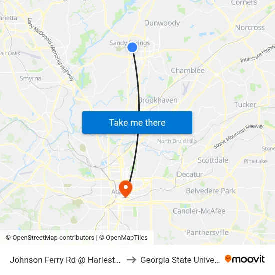 Johnson Ferry Rd @ Harleston Rd to Georgia State University map
