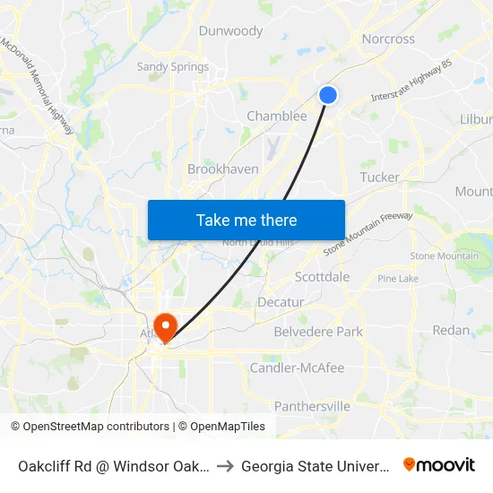 Oakcliff Rd @ Windsor Oak Dr to Georgia State University map