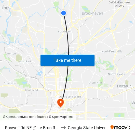 Roswell Rd NE @ Le Brun Rd NE to Georgia State University map