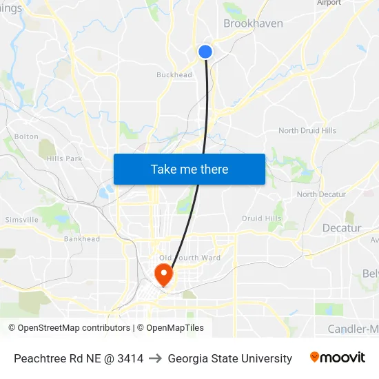 Peachtree Rd NE @ 3414 to Georgia State University map