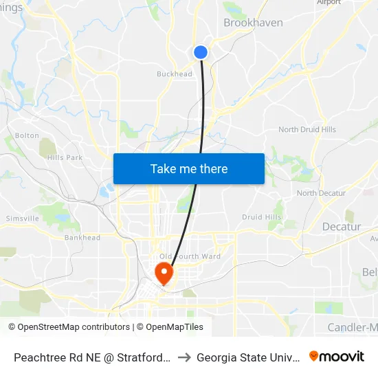 Peachtree Rd NE @ Stratford Rd NE to Georgia State University map