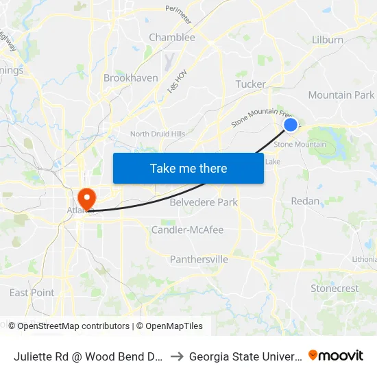 Juliette Rd @ Wood Bend Dr (N) to Georgia State University map
