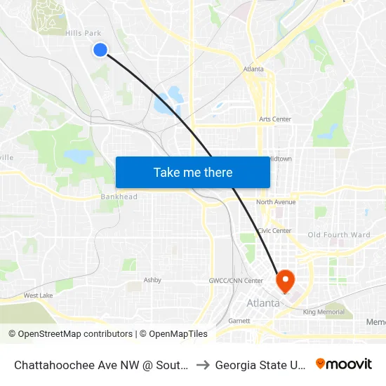 Chattahoochee Ave NW @ Southland Cir NW to Georgia State University map