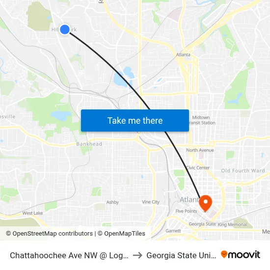 Chattahoochee Ave NW @ Logan Cir NW to Georgia State University map