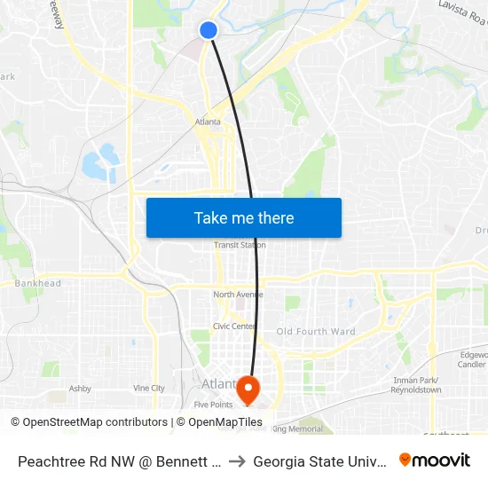 Peachtree Rd NW @ Bennett St NW to Georgia State University map