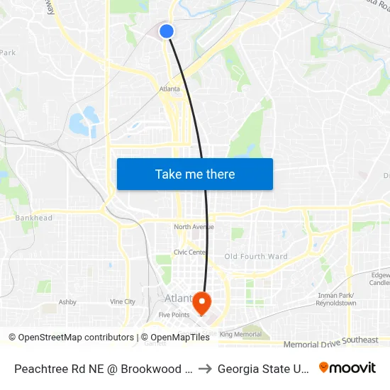 Peachtree Rd NE @ Brookwood Valley Cir NE to Georgia State University map