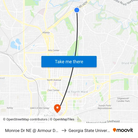 Monroe Dr NE @ Armour Dr NE to Georgia State University map