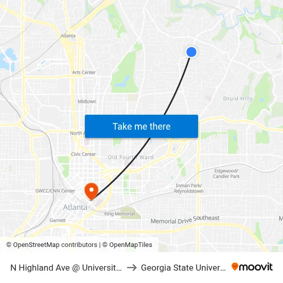 N Highland Ave @ University Dr to Georgia State University map