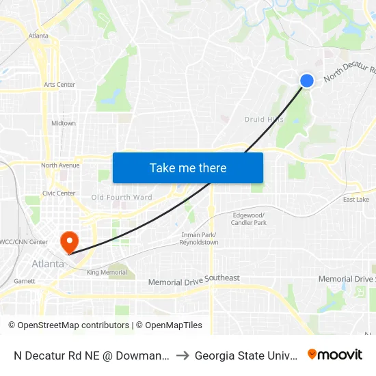 N Decatur Rd NE @ Dowman Dr NE to Georgia State University map