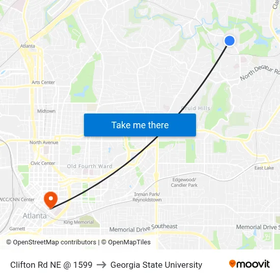 Clifton Rd NE @ 1599 to Georgia State University map