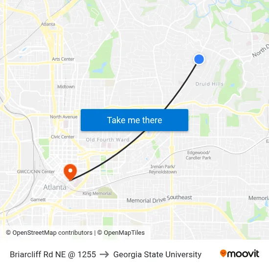 Briarcliff Rd NE @ 1255 to Georgia State University map