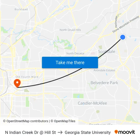 N Indian Creek Dr @ Hill St to Georgia State University map