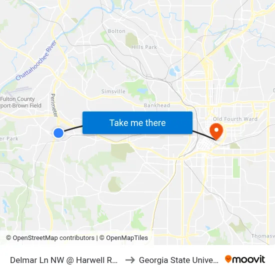 Delmar Ln NW @ Harwell Rd NW to Georgia State University map