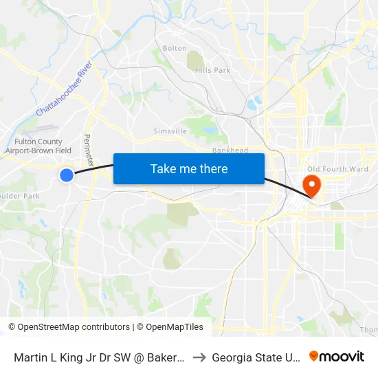 Martin L King Jr Dr SW @ Bakers Ferry Rd SW to Georgia State University map