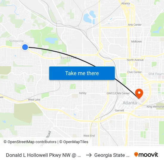 Donald L Hollowell Pkwy NW @ Hollywood Rd NW to Georgia State University map