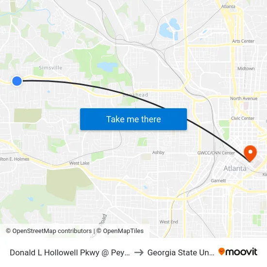 Donald L Hollowell Pkwy @ Peyton Ave NW to Georgia State University map