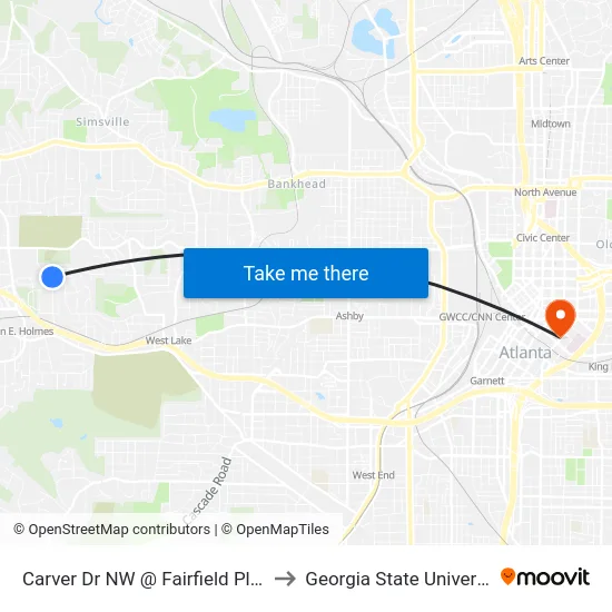 Carver Dr NW @ Fairfield Pl NW to Georgia State University map