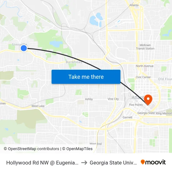 Hollywood Rd NW @ Eugenia Pl NW to Georgia State University map