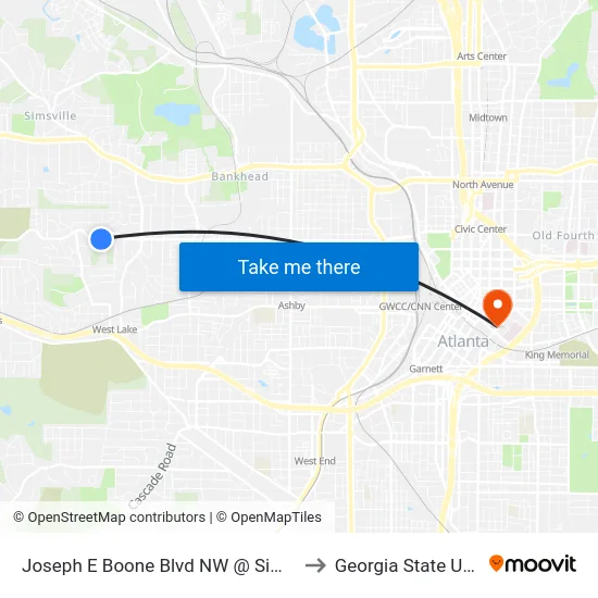 Joseph E Boone Blvd NW @ Simpson Ter NW to Georgia State University map
