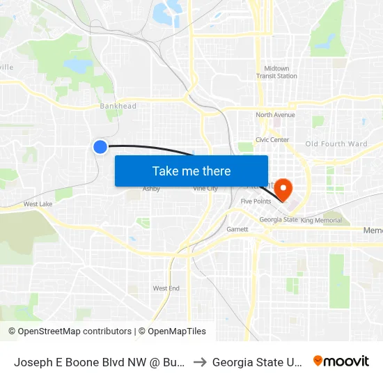 Joseph E Boone Blvd NW @ Burbank Dr NW to Georgia State University map