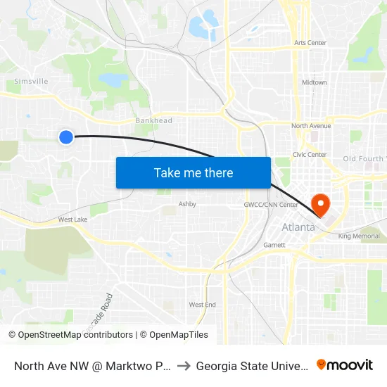 North Ave NW @ Marktwo Pl NW to Georgia State University map