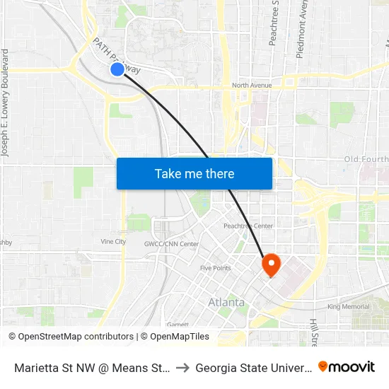 Marietta St NW @ Means St NW to Georgia State University map