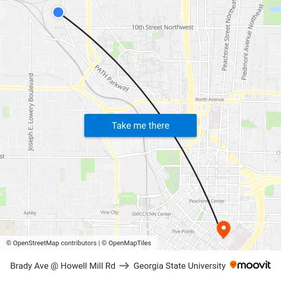 Brady Ave @ Howell Mill Rd to Georgia State University map