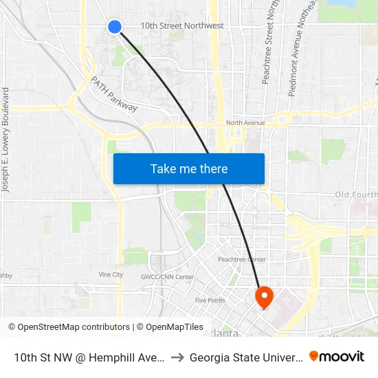 10th St NW @ Hemphill Ave NW to Georgia State University map