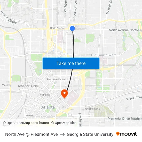 North Ave @ Piedmont Ave to Georgia State University map